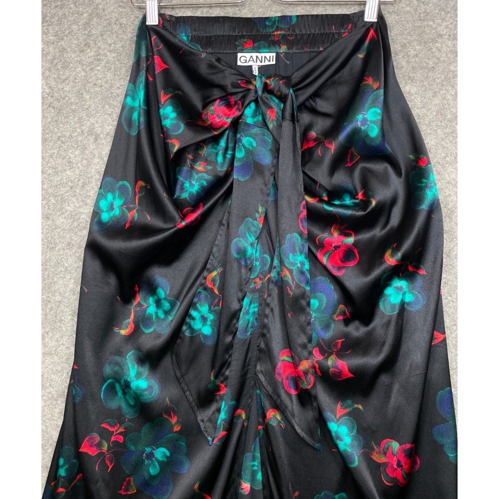 Ganni Tie-Waist Floral Silk Stretch Satin Midi Skirt Black 34 US XS 2 - Picture 2 of 12
